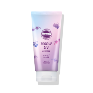 SPF50+ PA++++ UV protection with tone-up effect for radiant skin. Contains 70% serum for skincare benefits. Lavender color with a pink pearlescent effect.